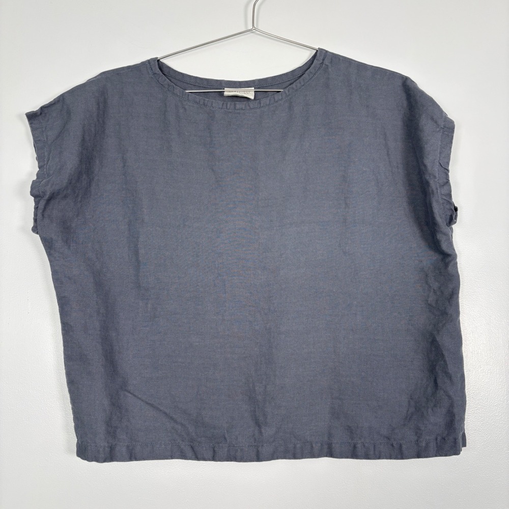 Conscious Clothing Women Top S Blue Grey Linen Boxy Cap Sleeve Made in Michigan